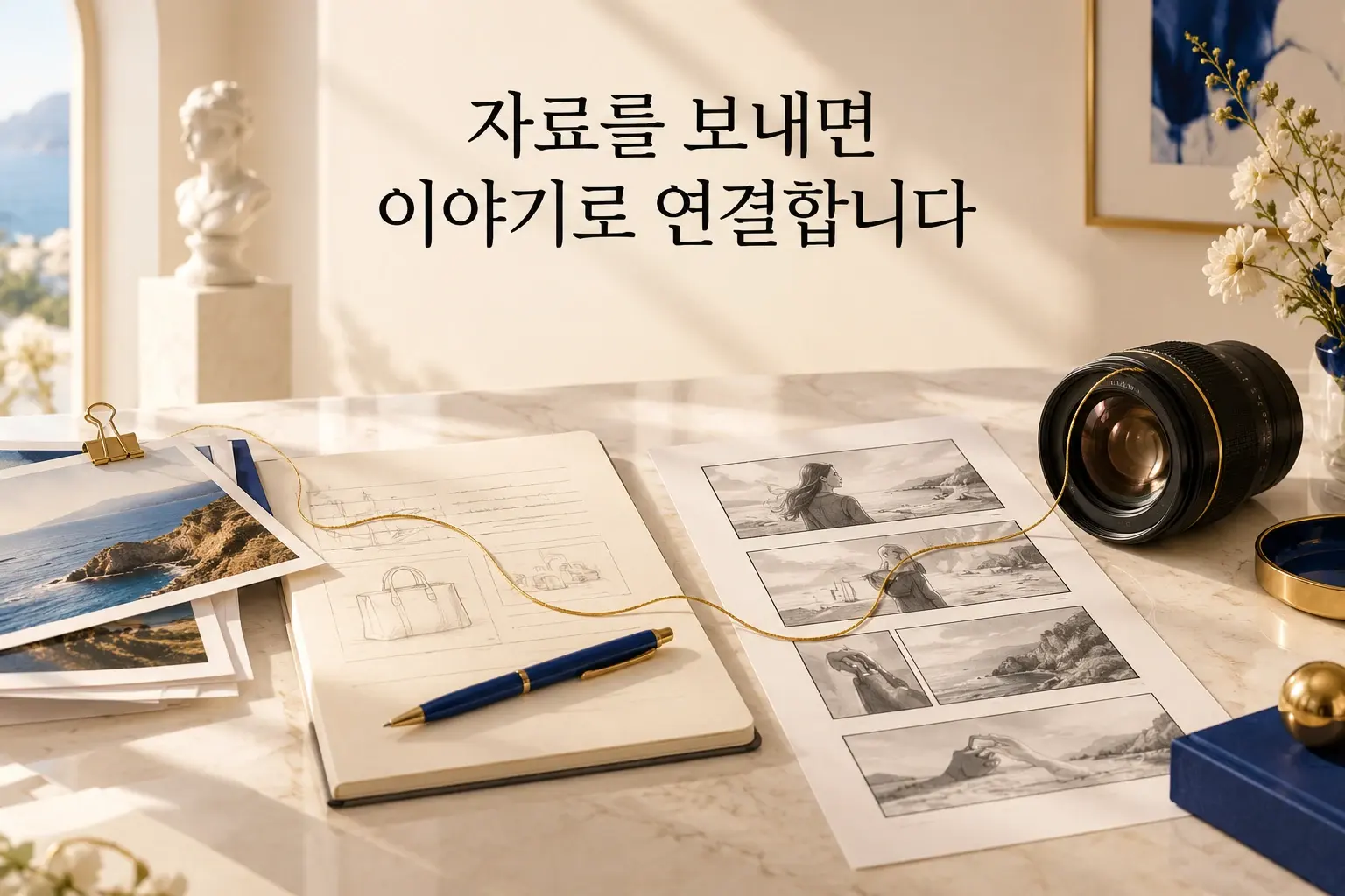 영상 스토리보드와 카메라가 놓인 출시 카피 작업 테이블