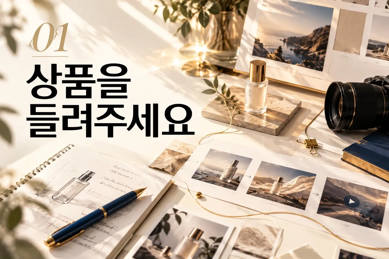 제품 사진과 노트가 놓인 상품 소개 페이지 기획 테이블
