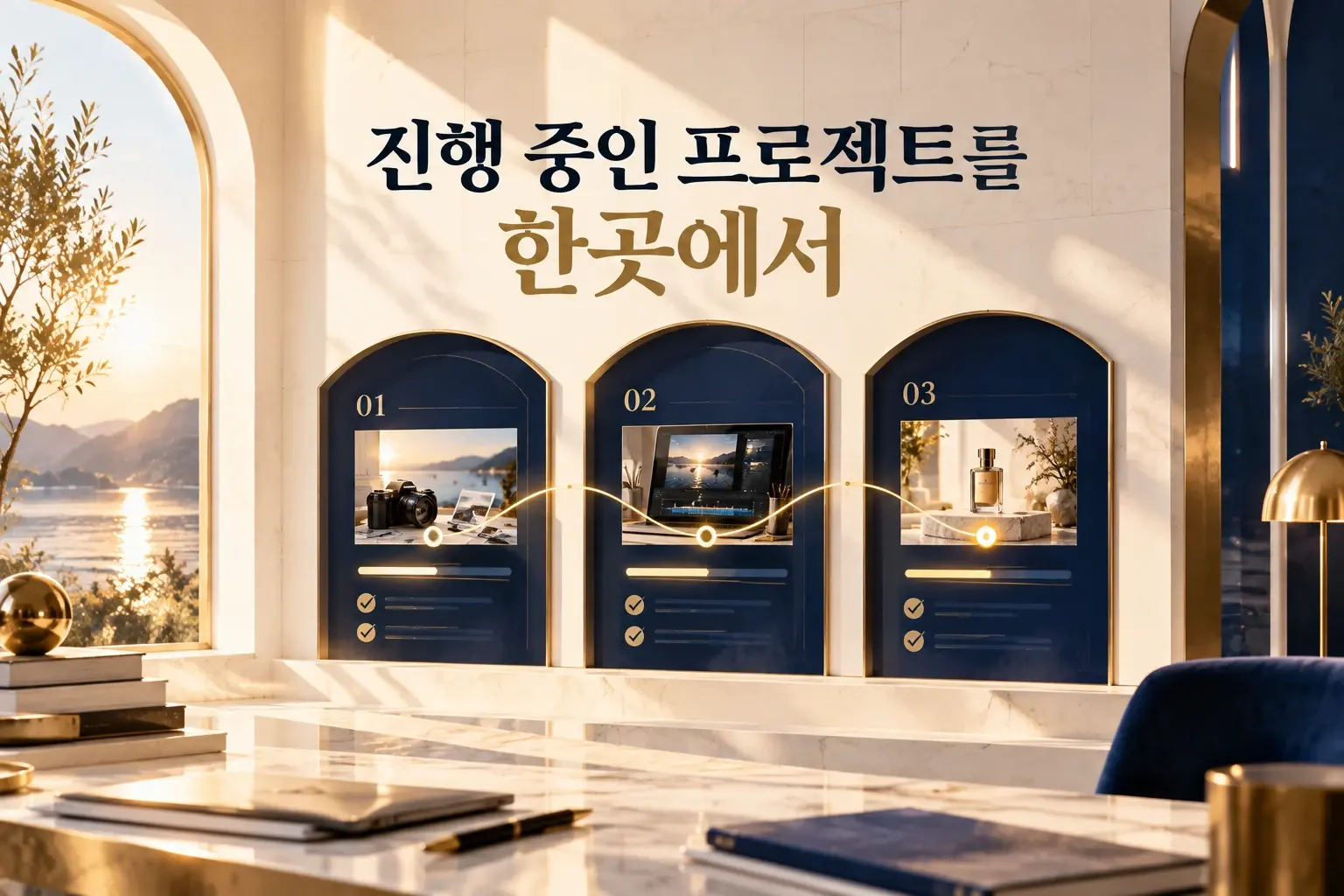 밝은 갤러리 안의 푸른 문, 다음 상품의 시작을 상징하는 이미지