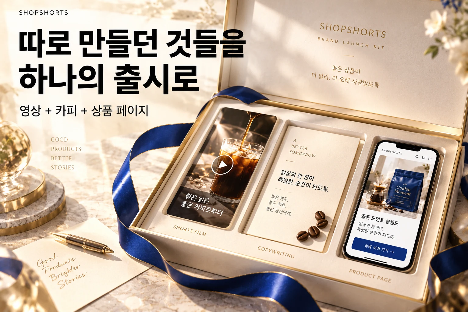 영상·게시 문안·상품 소개 페이지를 하나의 납품 묶음으로 정리한 출시 자료 이미지.