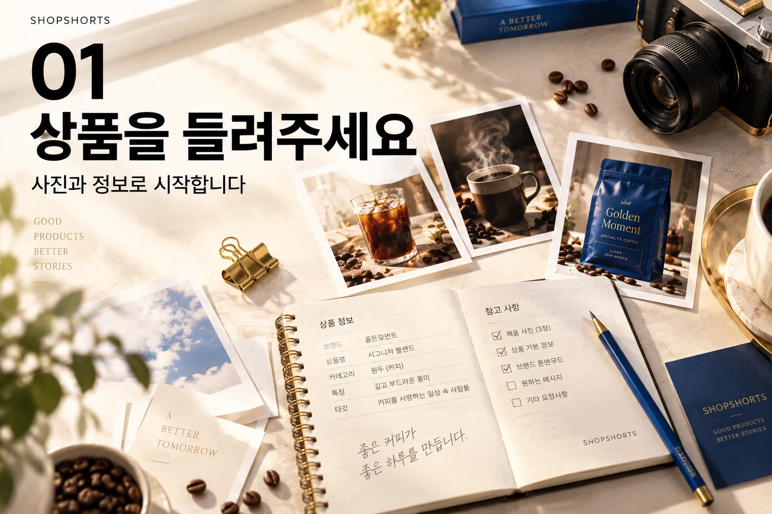 01. 상품 자료 확인. 상품 사진과 URL, 강조할 장점을 받아 제작 범위를 정리하는 작업 테이블.