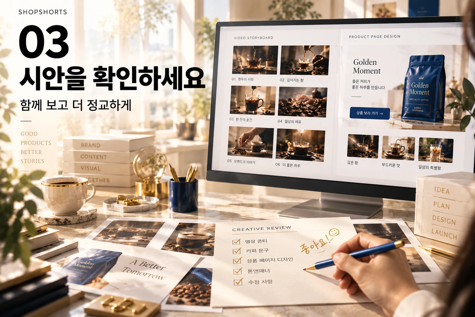 03. 시안 검토. 영상 스토리보드와 화면을 함께 확인하고 수정 사항을 정리하는 과정.